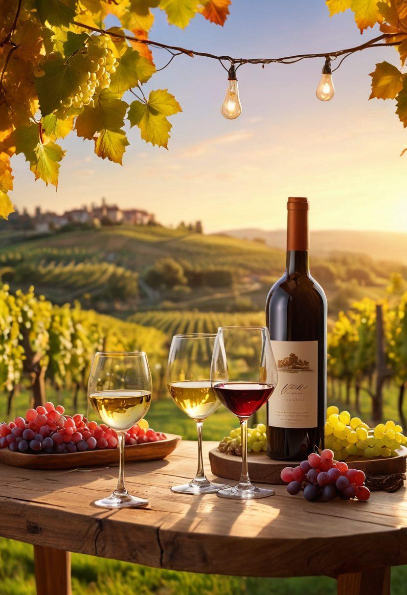 A vibrant vineyard landscape during golden hour, with lush grapevines, a cozy wooden table set for a wine tasting featuring elegant glasses filled with different wines. Include festive elements like fairy lights and a background of joyful people clinking glasses in celebration. Capture the essence of joy and warmth with a soft, inviting atmosphere. super-realistic. vibrant colors.