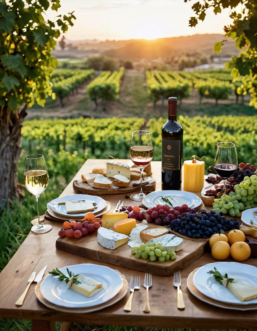 A beautifully laid table with an array of fine wines and gourmet dishes like gourmet cheeses, artisanal breads, and fresh fruits, all in a vibrant vineyard setting during golden hour. Incorporate wine glasses, cheers, and joyful people enjoying the wine experience, with lush green vines in the background. super-realistic. vibrant colors. warm ambiance.