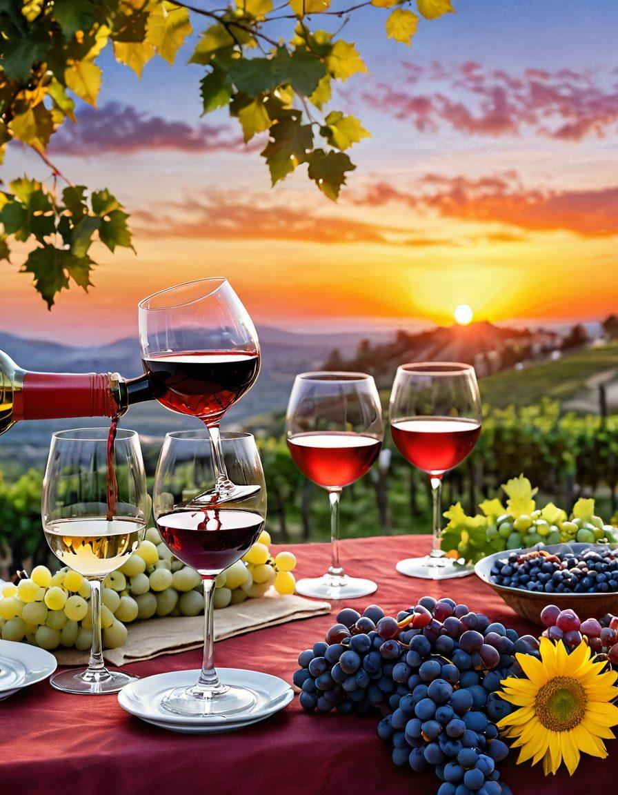 A beautifully set table outdoors with an assortment of wine glasses filled with rich, colorful wines nestled among fresh grapes and vibrant flowers. In the background, a joyful gathering of friends clinking glasses under a sunset sky, evoking a sense of community and celebration. The scene should embody warmth and happiness, illustrating the connection between wine and joyful moments. super-realistic. vibrant colors. sunset gradient.
